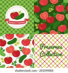 Homemade tomatoes and cucumbers collection. Paper label and seamless patterns with Gingham and Vegetables on color and light background. Perfect for wallpaper, wrapping paper, textile, package design