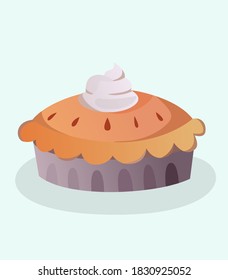 Homemade traditional pie isolated vector illustration. Unhealthy food. Baked tasty biscuit with cream. Delicious sweet dessert cartoon. 