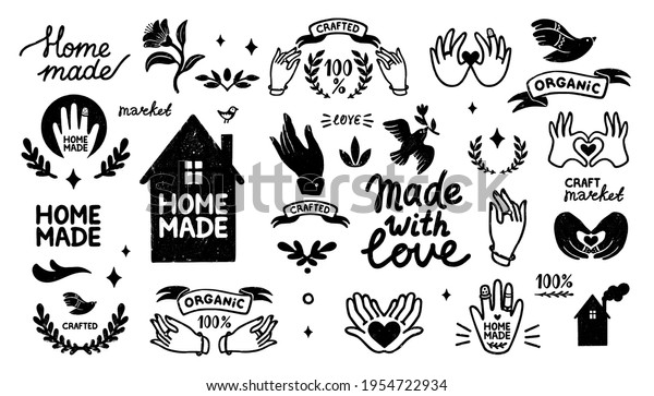 Homemade vector icons set -\
vintage elements in stamp style and home made lettering with cute\
house silhouette. Vintage vector illustration for banner and label\
design.