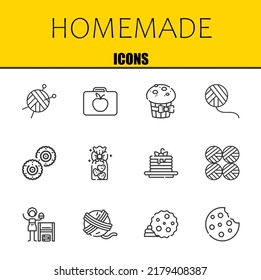 homemade vector line icons set. wool ball, lunchbox and muffin Icons. Thin line design. Modern outline graphic elements, simple stroke symbols stock illustration
