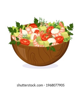 Homemade vegetable salad of fresh herbs, shrimp and cheese in a wooden bowl. Cooking delicious food at home. Vector flat illustration.