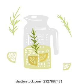 Homemade water with rosemary and lemon. Cold soda drink in a jar with citrus fruit slices. Summer refreshment detox lemonade. Creative graphic vector illustration isolated on a white background
