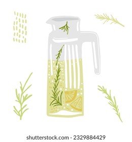 Homemade water with rosemary and lemon. Cold soda drink in a jar with citrus fruit slices. Summer refreshment detox lemonade. Creative graphic vector illustration isolated on a white background