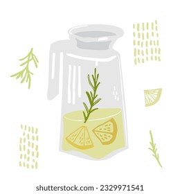 Homemade water with rosemary and lemon. Cold soda drink in a jar with citrus fruit slices. Summer refreshment detox lemonade. Creative graphic vector illustration isolated on a white background