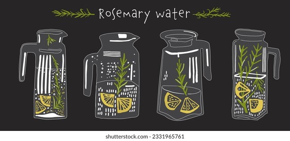 Homemade water with rosemary and lemon. Cold soda drink in a jar with citrus fruit slices. Summer refreshment detox lemonade. Creative graphic vector illustration isolated on a dark background