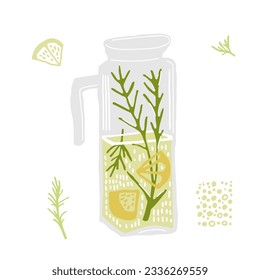 Homemade water with rosemary and lemon. Cold soda drink in a jar with citrus fruit slices. Summer refreshment detox lemonade. Hand drawn doodle design. Creative isolated vector illustration