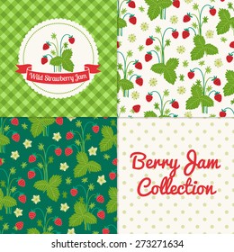 Homemade wild strawberry jam collection. Paper label and seamless patterns with Gingham, Polka Dot and Berries on color and light background. Perfect for wallpaper, wrapping paper, package design