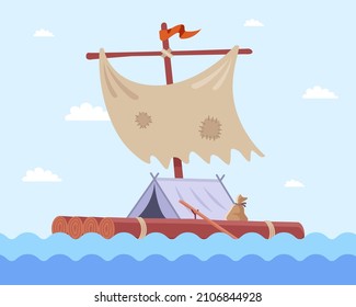 Homemade Wooden Raft Shipwreck Survivor. Flat Vector Illustration.