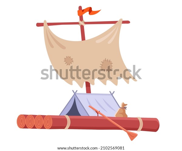homemade wooden raft with tent and sail.\
flat vector\
illustration.
