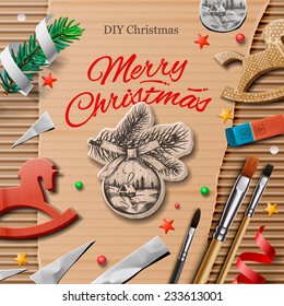 Homemade wrapped christmas presents with art and craft elements, vector illustration. 