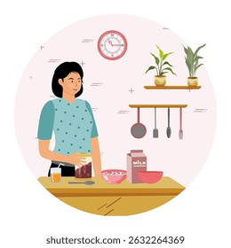 Homemade Yogurt concept. A woman stands in the kitchen making homemade yogurt with her utensils and milk, creating a healthy kitchen atmosphere.