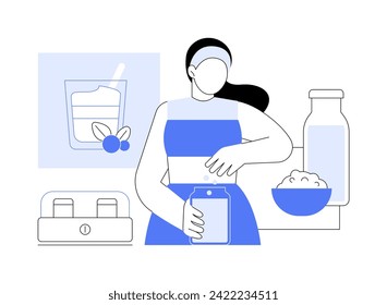 Yogur casero aislado ilustraciones vectoriales de dibujos animados. Niña deportista sonriente preparando yogur usando electrodomésticos de cocina, comida saludable, desayuno de cocina, caricatura vectorial de afición culinaria.