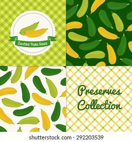 Homemade zucchini pasta sauce collection. Paper label and seamless patterns with Gingham and Vegetables on color and light background. Perfect for wallpaper, wrapping paper, textile, package design