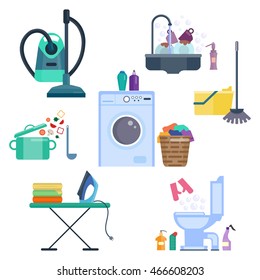 Homemaker and household chores. Washing dirty linen and dishes, vacuuming by vacuum cleaner and ironing clothes, cooking and washing floor. Vector illustration, cartoon style