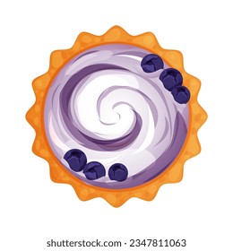 Homemde pie, tart top view whole with yogurt or cream an blueberry round bakery, dessert top view in cartoon style isolated on white background.