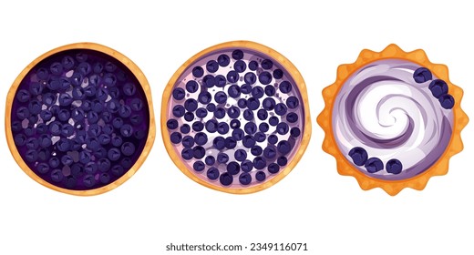 Homemde pie, tart top view whole with yogurt or cream an blueberry round bakery, dessert top view in cartoon style isolated on white background.