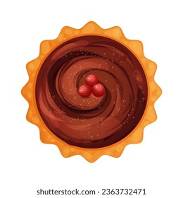 Homemde pie, tart top view whole with chocolate cream an cranberry round bakery, dessert top view in cartoon style isolated on white background.