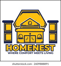 homenest logo vector design with house in yellow and blue color. suitable for logo, icon, poster, advertisement, banner, company, t-shirt design, sticker, website.