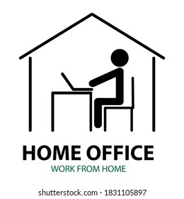 Home-Office  Home Office  Work from Home or Working from Home Allowed - Icon  Sign or Symbol. Stick figure sitting on a chair at home behind desk and writing on laptop computer.