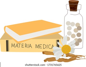 Icono o logo de la homeopatía, medicina alternativa, terapia orgánica natural, tratamiento botella de bolas homopáticas, camomila y libro de medicina material aislado en ilustración de vector blanco.