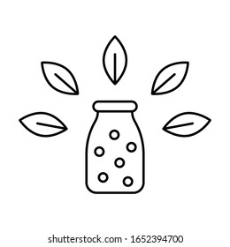 Homeopathic balls in bottle with leaf decor. Linear icon of herbal medicines. Black illustration for eco theme. Contour isolated vector image on white background. Natural cosmetics and food concept