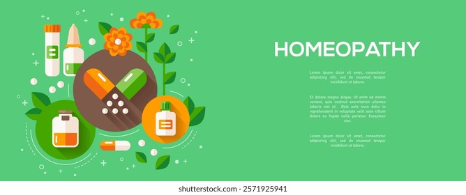 Homeopathic banner, natural pill icon set, organic natural treatment on green background. Vector illustration. Homeopathy herbal pharmacy poster, naturopathy herb medicine concept. Place for text