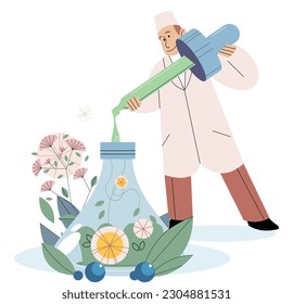 Medicina herbaria homeopática, tratamiento alternativo. Científicos masculinos en uniforme analizando extracto de plantas y flores. Investigador que trabaja en laboratorio, farmacia sanitaria, concepto médico