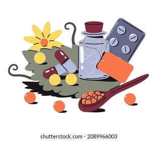 Homeopathic medication tablets and pills vector cartoon concept illustration isolated on a white background.