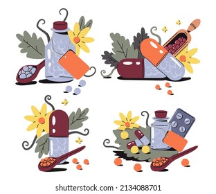 Homeopathic medication tablets and pills vector cartoon set isolated on a white background.