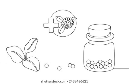 Homeopathic medicines and medicinal herbs. Non-traditional medicine directed to activate the body's own defenses. World Homeopathy Day. Vector illustration.