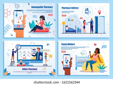 Homeopathic Pharmacy, Medicines Delivery Service, Online Drugstore, Shop for Babies Trendy Flat Vector Web Banner, Landing Page Templates Set. People Shopping in Internet with Smartphone Illustration