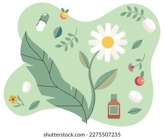 Homeopathic pills. Alternative herbs medicine. Natural treatment and phytotherapy concept. Herbal tablet. Phyto capsules against background of leaves and green plants. Natural product medication