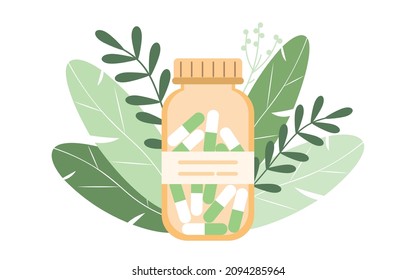 Homeopathic pills. Alternative medicine. Homeopathic treatment and phytotherapy concept. Herbal pills. Herbal capsules in a bottle against a background of leaves. Flat vector illustration.