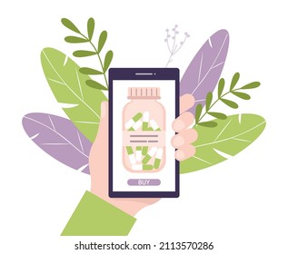 Homeopathic pills. Alternative medicine. Homeopathic treatment and phytotherapy concept. Herbal pills. Buying medicines. Smartphone in hand. Flat vector illustration.