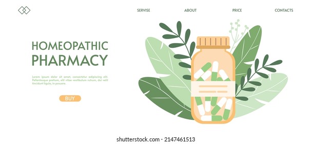 Homeopathic pills. Alternative medicine. Homeopathic treatment and phytotherapy concept. Herbal capsules in bottle against background of leaves. Homeopathic pharmacy. Landing page template. 