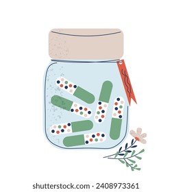 Homeopathic pills. Alternative medicine. Homeopathic treatment and phytotherapy concept. Herbal pills. Herbal capsules in bottle. Flat vector illustration on white isolated background.