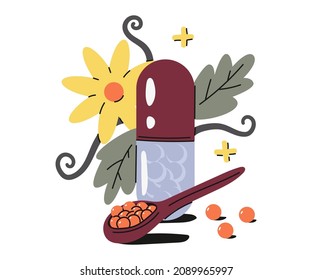 Homeopathic pills with spoon vector cartoon concept illustration isolated on a white background.