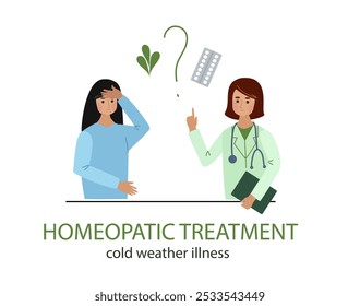 Homeopathic treatment and phytotherapy. Sick man consult with doctor. Herbal medicine, pharmacy. Alternative medicine concept. Vector hand drawn flat cartoon illustration. cold weather illness.