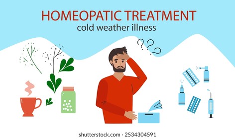 Homeopathic treatment and phytotherapy. Sick man consult with doctor. Herbal medicine, pharmacy. Alternative medicine concept. Vector hand drawn flat cartoon illustration. cold weather illness.