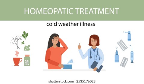 Homeopathic treatment and phytotherapy. Sick man consult with doctor. Herbal medicine, pharmacy. Alternative medicine concept. Vector hand drawn flat cartoon illustration. cold weather illness.