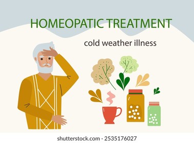 Homeopathic treatment and phytotherapy. Sick man consult with doctor. Herbal medicine, pharmacy. Alternative medicine concept. Vector hand drawn flat cartoon illustration. cold weather illness.