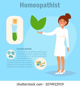 Homeopathist Vector. Cartoon. Isolated art on blue background. Flat