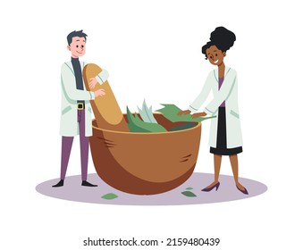 Homeopaths Or Pharmacists Mixing Natural Ingredients For Homeopathic Medicines, Flat Vector Illustration Isolated On White Background. Manufacturing Remedies Of Plants.