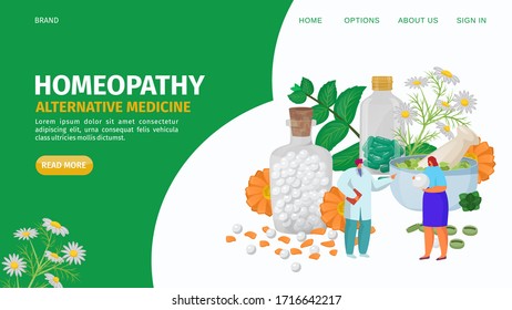 Homeopathy alternative herbs medicine, landing vector illustration. Natural organic product cure, medication for wellness and disease treatment. Healing plant, leaf, flower and medicine oil.