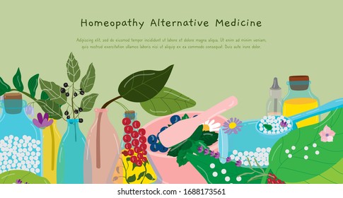 Homeopathy alternative medicine vector illustration. Cartoon flat pill capsule in spoon, green leaf herb or berry, vitamin plant for herbal medical pharmacy. Natural treatment concept background