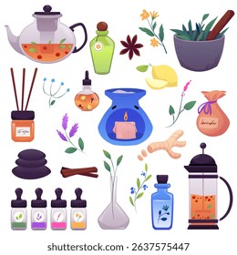Homeopathy and aromatherapy, natural perfumery products. Vector flat illustrations set. Teapot with flowers, flask with herbal mixture, mortar and pestle with plants. Floral fragrance, healing plant