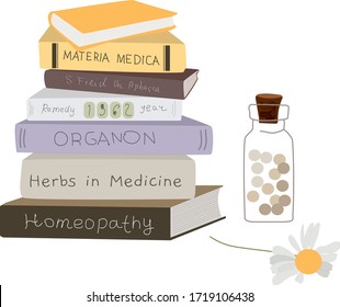 Homeopathy books and medicine, naturopathic health concept elements isolated on white vector illustration with homeopathic balls in bottle and homeopahical remedy books.