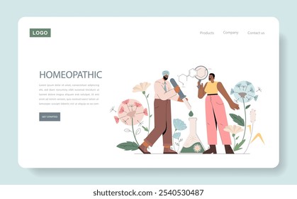 Homeopathy concept. A man preparing a homeopathic remedy with a woman illustrating the process amid natural elements. Vector illustration.