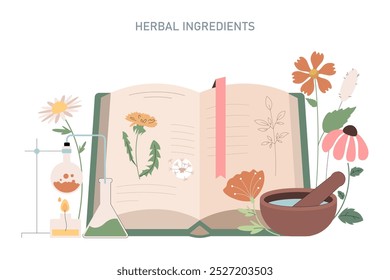 Conceito de homeopatia. Um livro aberto com ilustrações de plantas medicinais, uma argamassa e pilão, e vidro para remédios naturais. Ilustração vetorial.