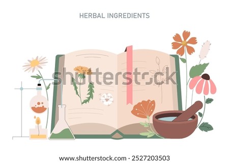 Homeopathy concept. An open book with illustrations of medicinal plants, a mortar and pestle, and glassware for natural remedies. Vector illustration.
